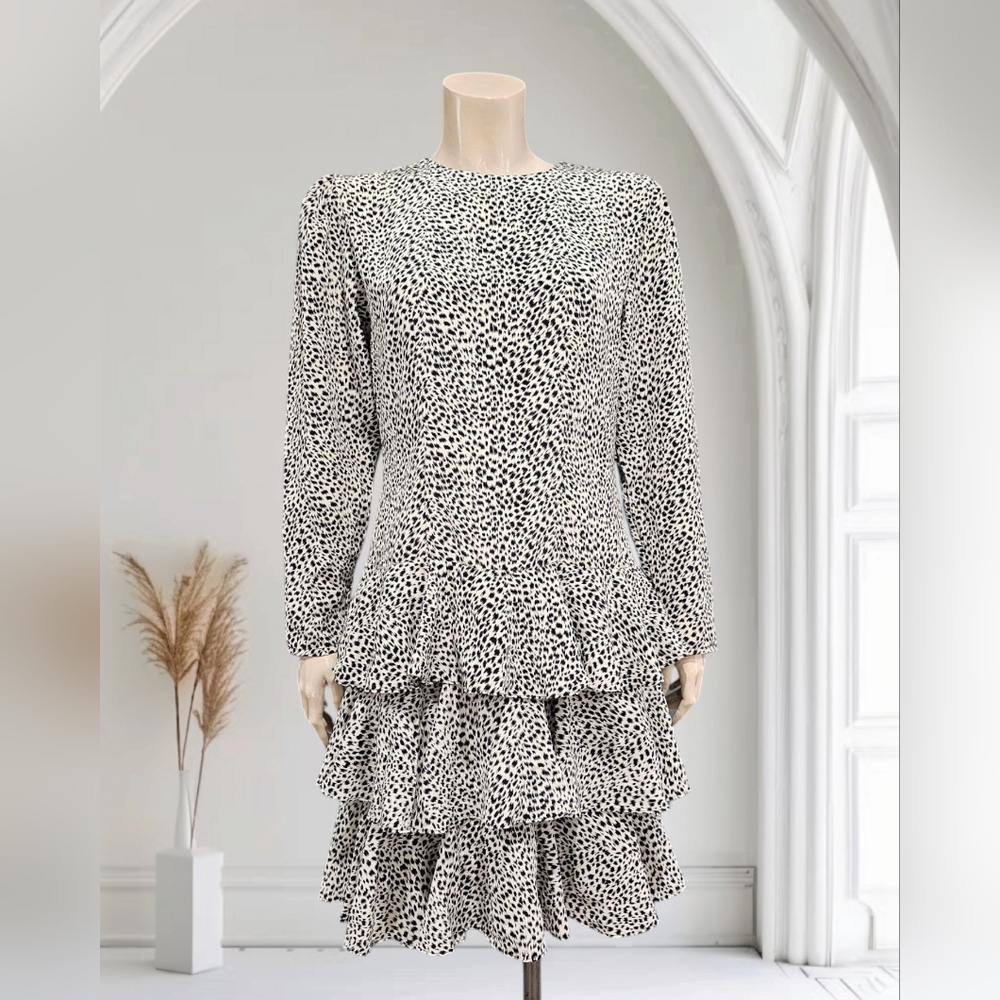 Vtg 90s SECRETS USA Black White Cheetah Drop Waist Ruffled Tiered Dress M/L